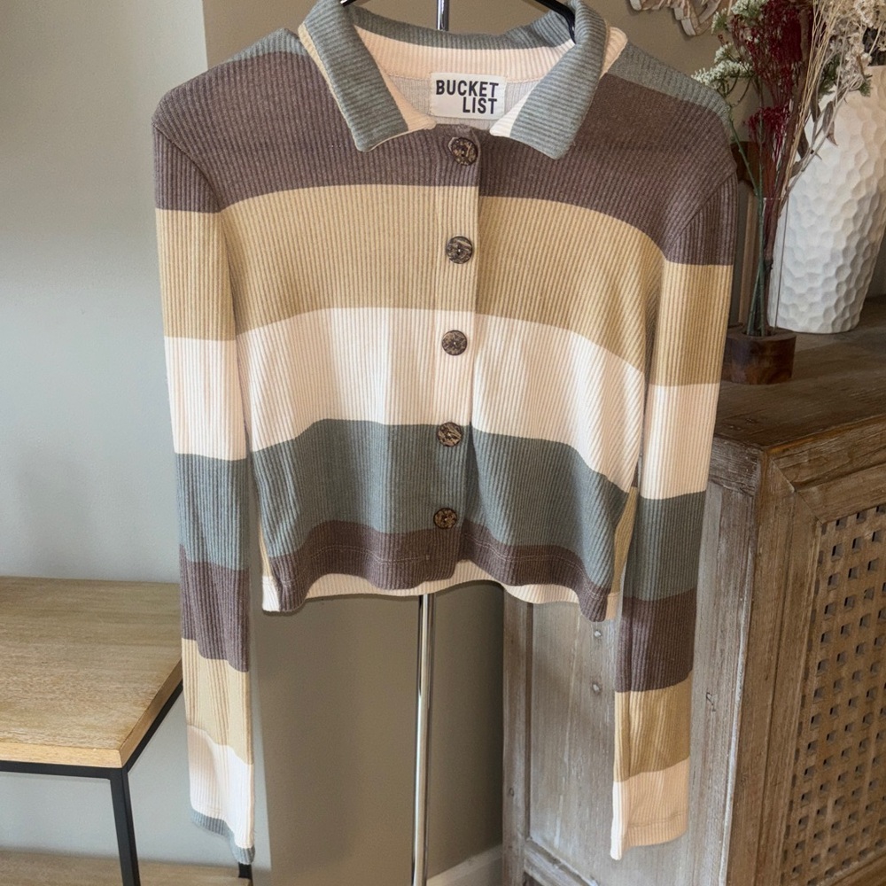 Bucket List Cream Brown Green Stripe Fall Ribbed Button-Up Crop Cardigan Medium